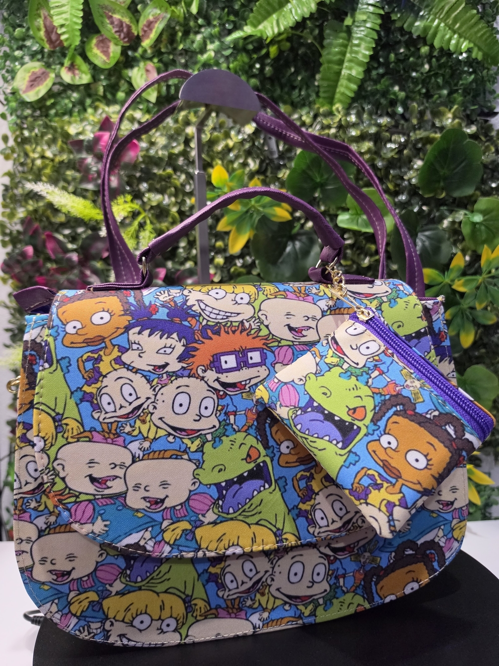 Purple-Handle Kids Cartoon Shoulder Bag with Matching Pouch